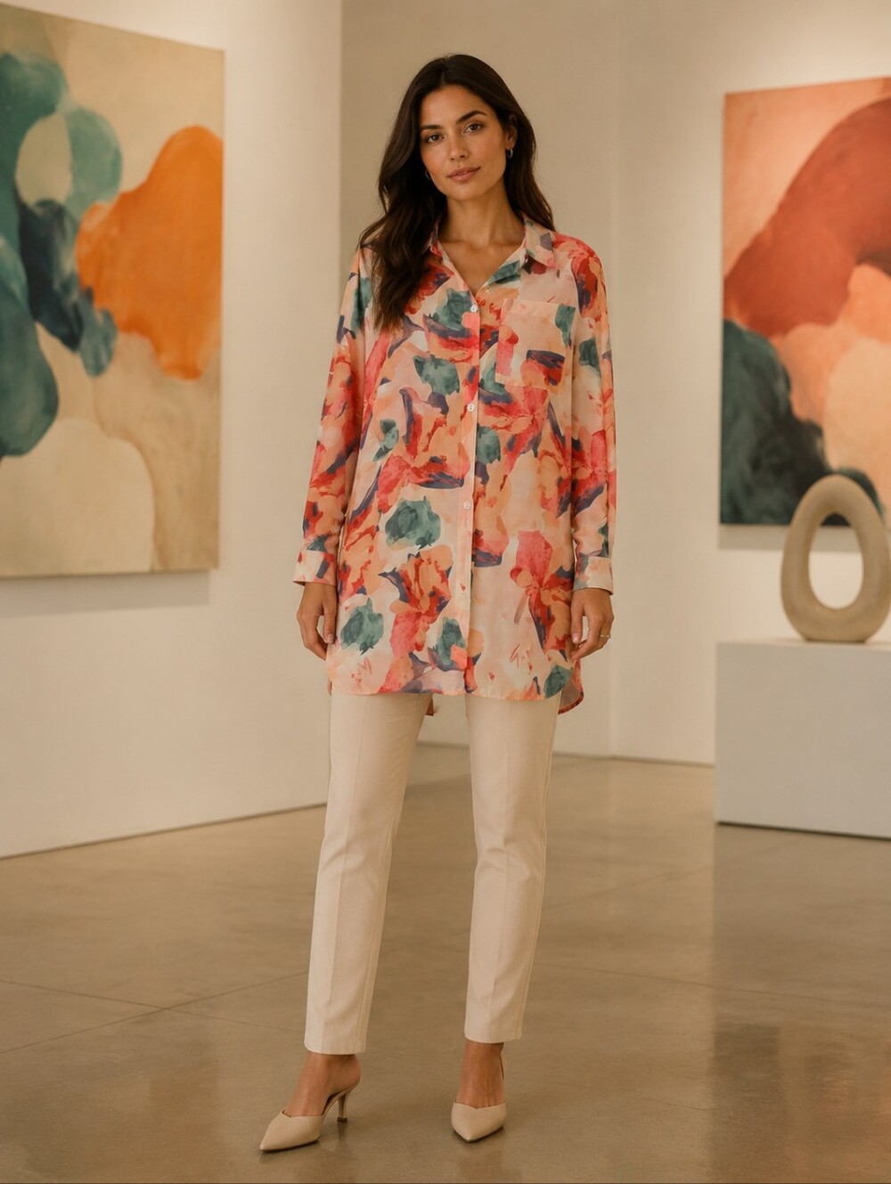 BELLA NOVA Tunic Blouse Womens Large Multicolor Floral Button Up NWT Artsy Boho